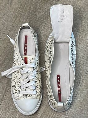 Prada Linea Rossa White Laser Cut Floral Leather Sneakers 3E5390